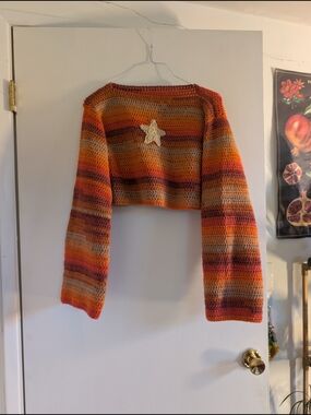 Cropped Striped Crochet Sweater with Star Patch - Orange Multi